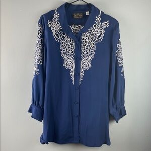 Bob Mackie Navy Silk Blouse with White Embroidery Size M